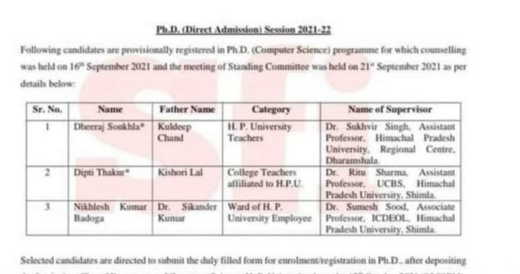 HPU justify direct admission of faculty members wards HIMACHAL HEADLINES