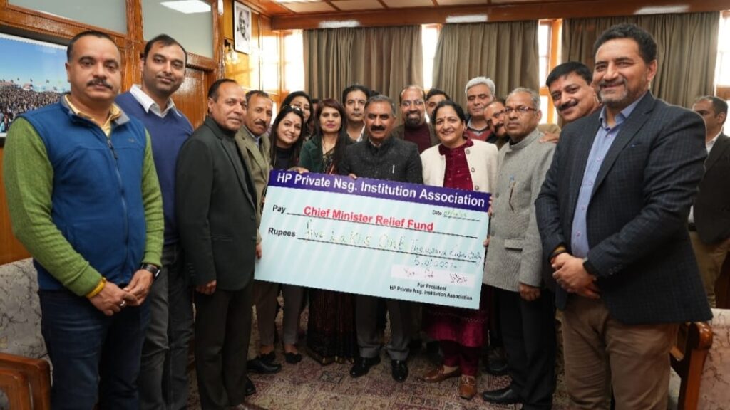 Himachal Private Nursing Institution Association presented a cheque of Rs. 5, 01,000 to Chief Minister Himachal Private Nursing Institution Association presented a cheque of Rs. 5, 01,000 to Chief Minister HIMACHAL HEADLINES