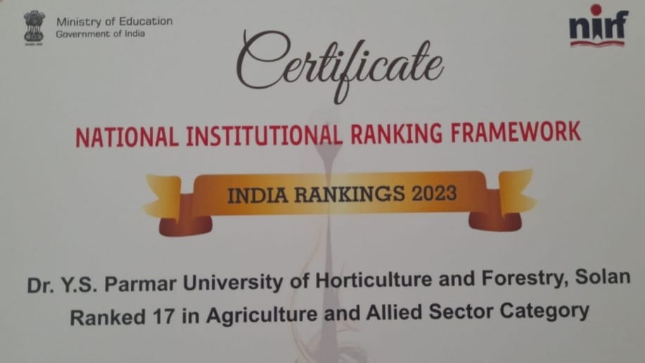 Nauni varsity ranked 17 in the county in agri-horti NIRF rankings 2023 Nauni varsity ranked 17 in the county in agri-horti NIRF rankings 2023 HIMACHAL HEADLINES