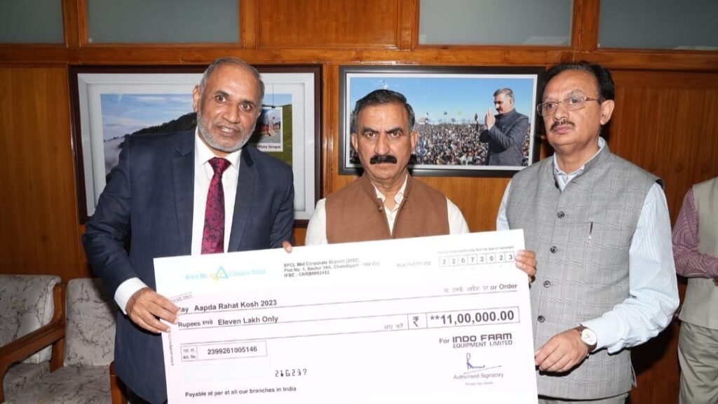Indo farm equipment presented a check of Rs 11 lakhs to Sukhu for ARK 2023 Indo farm equipment presented a check of Rs 11 lakhs to Sukhu for ARK 2023 HIMACHAL HEADLINES