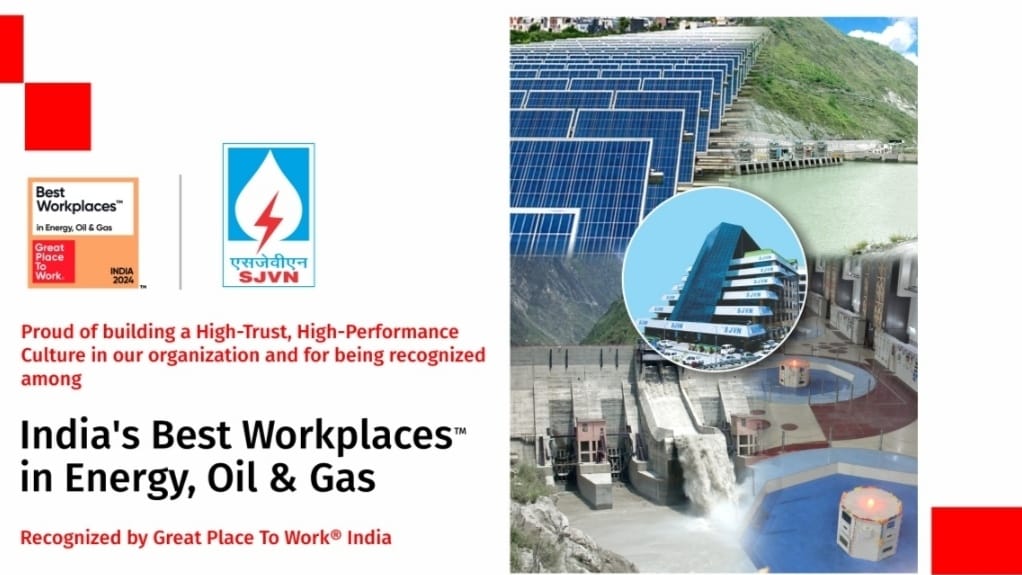 SJVN Recognized as Best Workplace in the Energy, Oil, and Gas Sector by Great Place to Work HIMACHAL HEADLINES